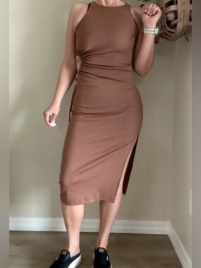 Brown Midi Dress with Side Slit and cinched adjustable waist